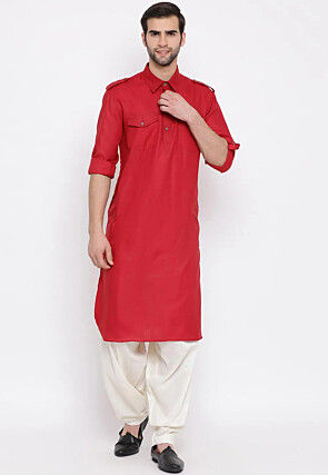 Solid Color Cotton Slub Pathani Suit in Red