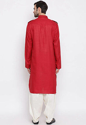 Solid Color Cotton Slub Pathani Suit in Red