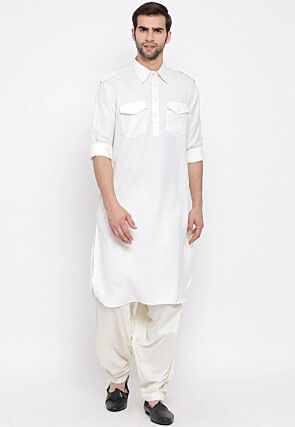Solid Color Cotton Slub Pathani Suit in White