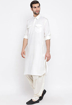 Solid Color Cotton Slub Pathani Suit in White