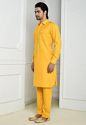 Solid Color Cotton Slub Pathani Suit in Yellow