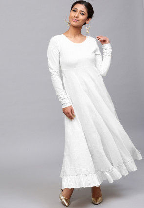 Solid Color Cotton Slub Ruffled Maxi Dress in Off White TVE566