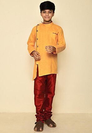 Solid Color Cotton Slub Sherwani Set in Yellow