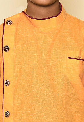 Solid Color Cotton Slub Sherwani Set in Yellow