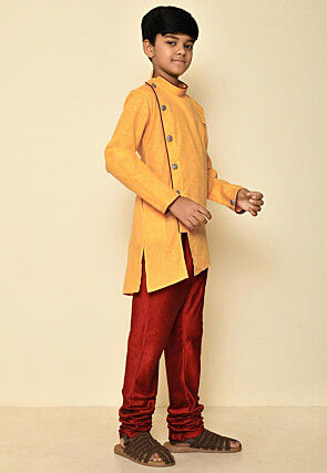 Solid Color Cotton Slub Sherwani Set in Yellow