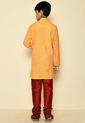 Solid Color Cotton Slub Sherwani Set in Yellow