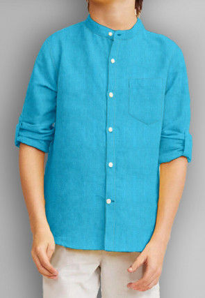 Solid Color Cotton Slub Shirt in Blue