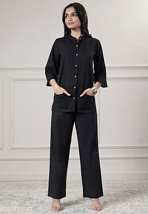 Solid Color Cotton Slub Co-Ord Set in Black