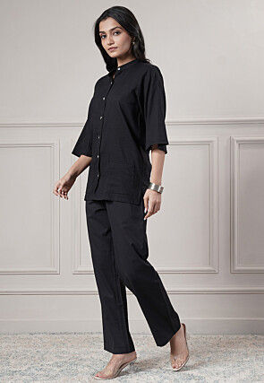 Solid Color Cotton Slub Co-Ord Set in Black