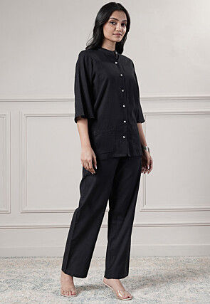 Solid Color Cotton Slub Co-Ord Set in Black