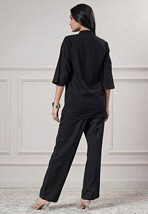 Solid Color Cotton Slub Co-Ord Set in Black