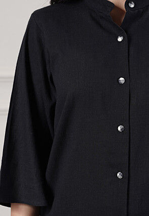 Solid Color Cotton Slub Co-Ord Set in Black