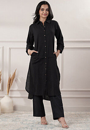 Solid Color Cotton Slub Straight Kurta in Black