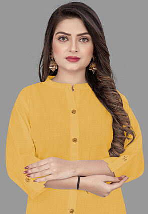 Solid Color Cotton Slub Straight Kurta in Mustard