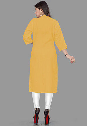 Solid Color Cotton Slub Straight Kurta in Mustard