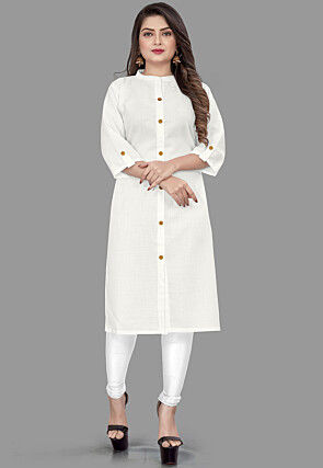 Solid Color Cotton Slub Straight Kurta in Off White