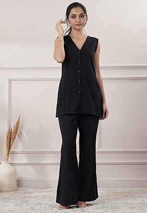 Solid Color Cotton Slub Co-Ord Set in Black