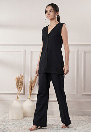 Solid Color Cotton Slub Co-Ord Set in Black
