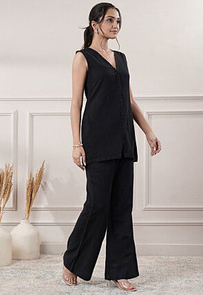 Solid Color Cotton Slub Co-Ord Set in Black