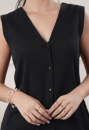 Solid Color Cotton Slub Co-Ord Set in Black