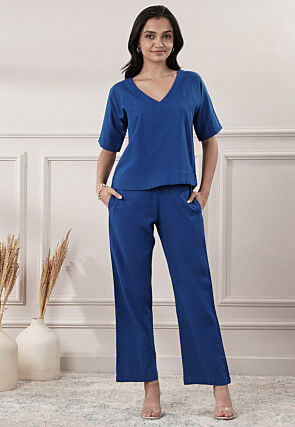 Solid Color Cotton Slub Co-Ord Set in Blue