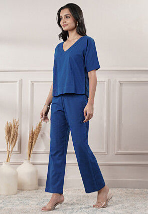 Solid Color Cotton Slub Co-Ord Set in Blue