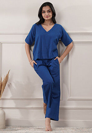 Solid Color Cotton Slub Co-Ord Set in Blue