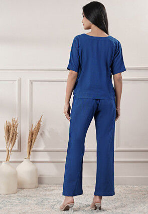 Solid Color Cotton Slub Co-Ord Set in Blue