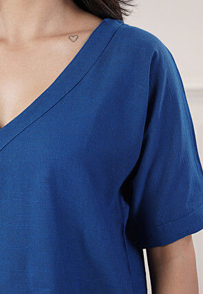 Solid Color Cotton Slub Co-Ord Set in Blue