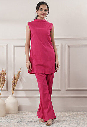 Solid Color Cotton Slub Co-Ord Set in Fuchsia