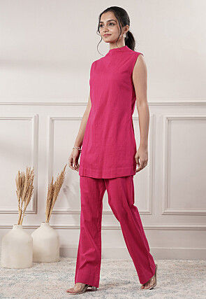 Solid Color Cotton Slub Co-Ord Set in Fuchsia