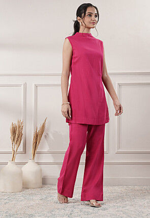 Solid Color Cotton Slub Co-Ord Set in Fuchsia