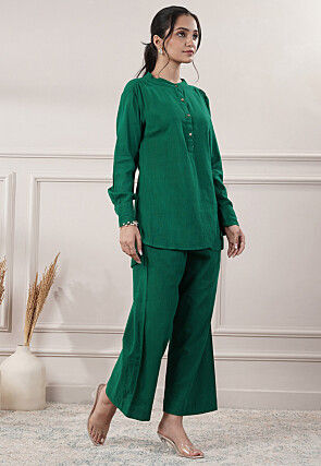 Solid Color Cotton Slub Co-Ord Set in Green