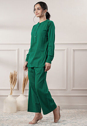 Solid Color Cotton Slub Co-Ord Set in Green