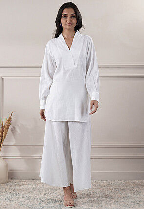Solid Color Cotton Slub Co-Ord Set in Off White