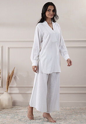 Solid Color Cotton Slub Co-Ord Set in Off White