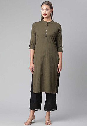 Solid Color Cotton Straight Kurta in Brown