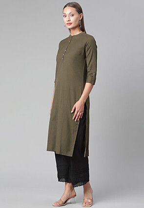 Solid Color Cotton Straight Kurta in Brown