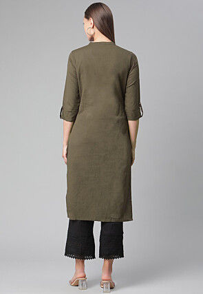 Solid Color Cotton Straight Kurta in Brown