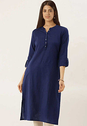 Solid Color Cotton Straight Kurta in Navy Blue