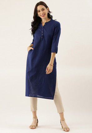 Women Navy Blue &  Cotton Straight Solid Solid Kurta