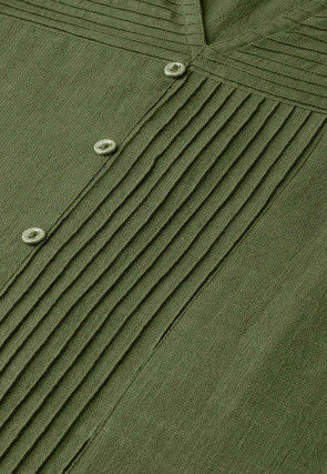 Solid Color Cotton Straight Kurta in Olive Green