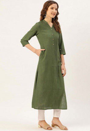Solid Color Cotton Straight Kurta in Olive Green