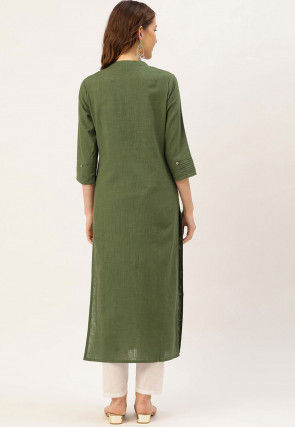 Solid Color Cotton Straight Kurta in Olive Green