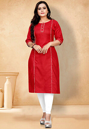 Solid Color Cotton Straight Kurta in Red