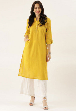 Solid Color Cotton Straight Kurta in Mustard