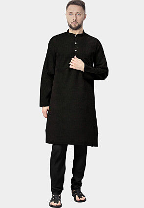 Solid Color Cotton Straight Kurta Set in Black