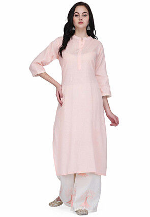 Solid Color Cotton Straight Kurta Set in Pink