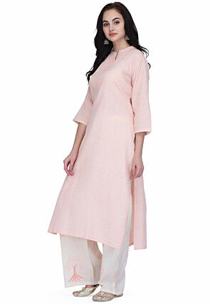 Solid Color Cotton Straight Kurta Set in Pink