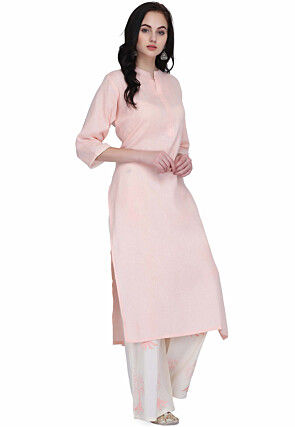 Solid Color Cotton Straight Kurta Set in Pink